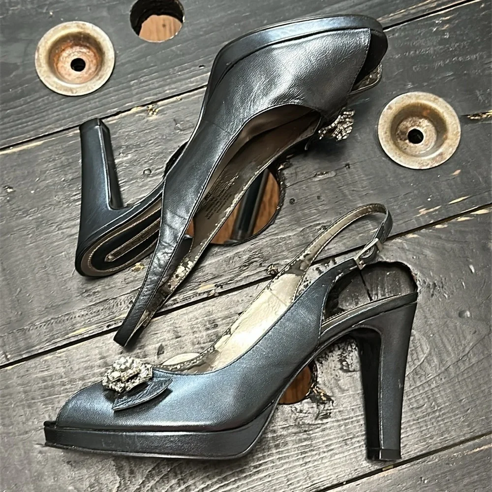 BANDOLINO Karmina Navy Slingback Heels - Peep Toe with Nickel & Crystal Rosette